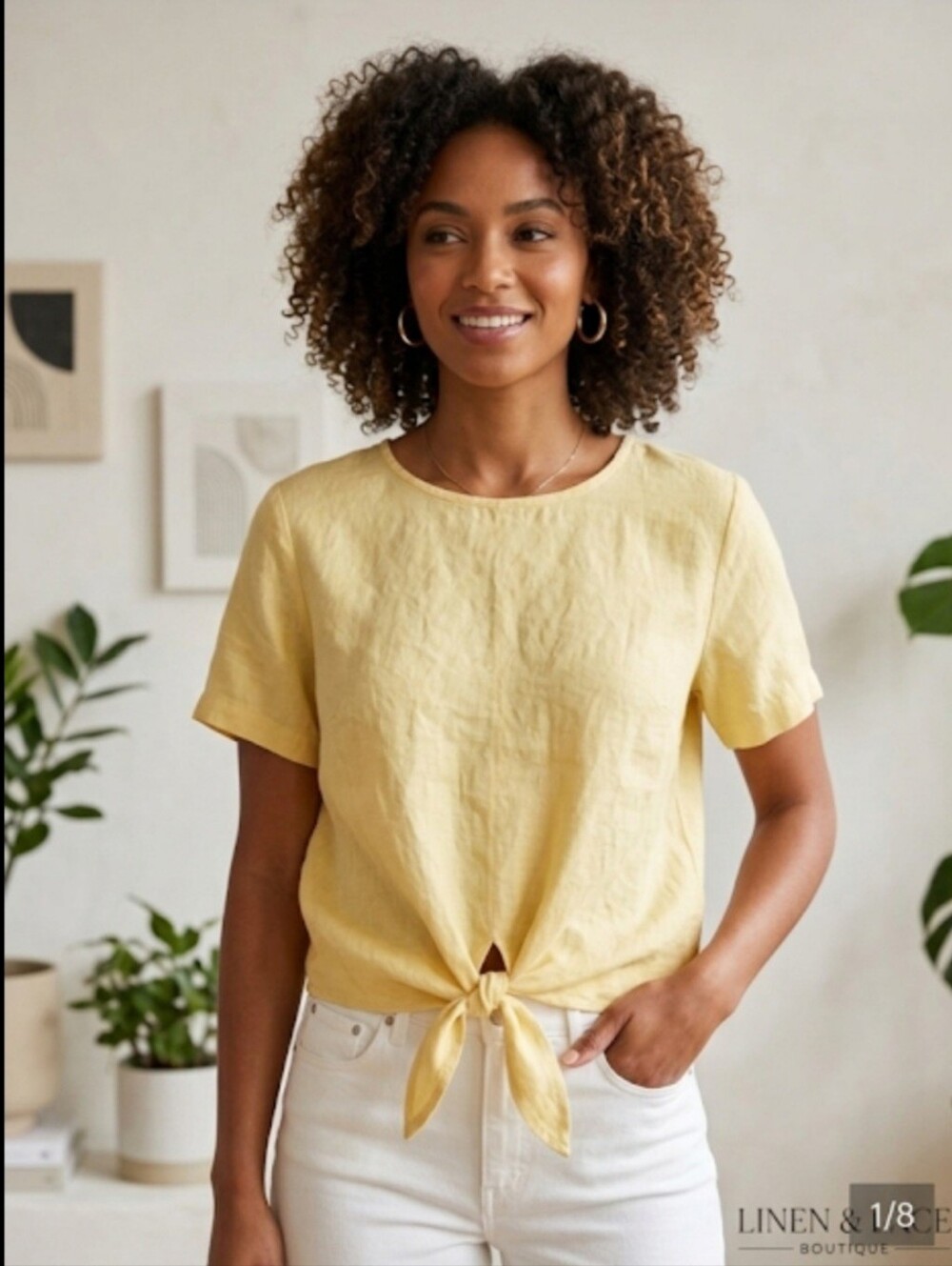 Rachel Zoe Light Yellow Front-Tie Short Sleeve Tee- 100% Linen